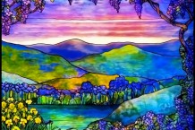 An outdoor scene with brilliant colors rendered in stained glass