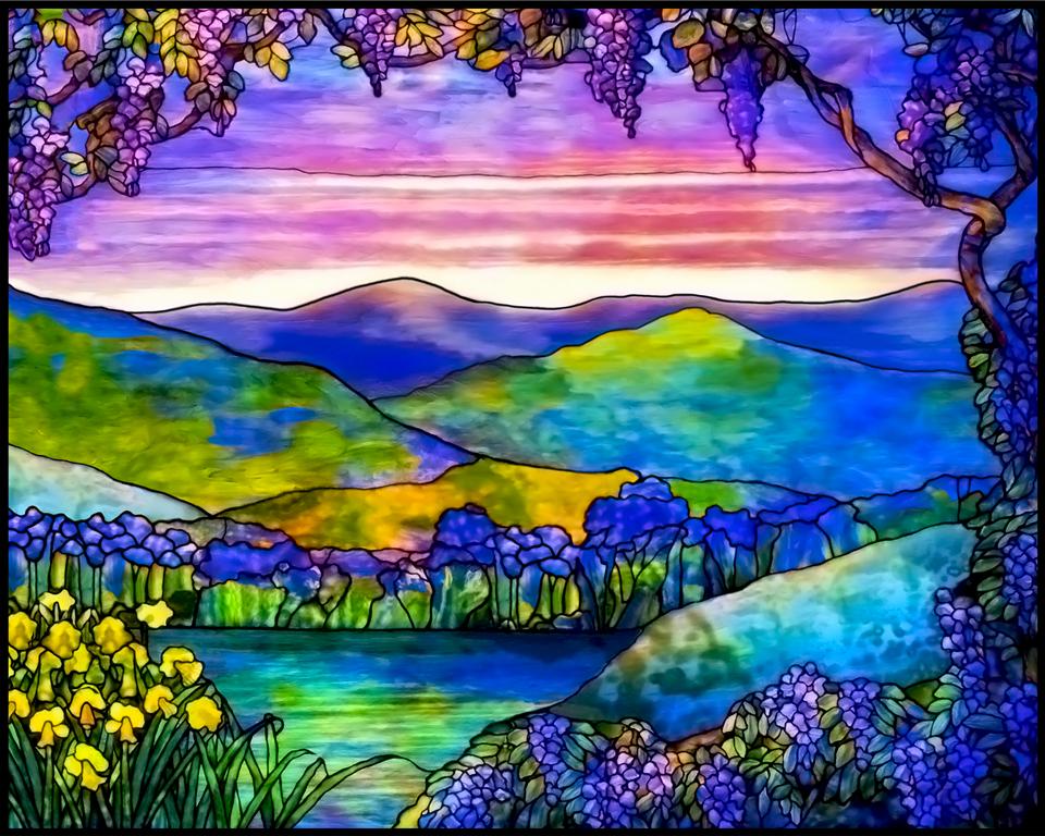 Stained glass mountain scene.