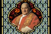 Stained glass design featuring Pope John XXIII