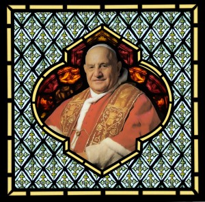 Stained glass design featuring Pope John XXIII 
